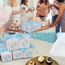 5pcs 2.36*2.36*2.36 Inch Hollow Ribbon Decor Paper Candy Boxes, Baby Birthday Boxes, European Cute Style Pink Blue Multicolor Square Gift Boxes, Stroller Footprint Carved Design, Suitable For Birthday Party Baby Shower, Can Store Candy Cookies Macarons Chocolate Packaging Boxes - Multicolor - View 6