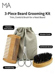 Men's Beard Grooming Kit With Beard Comb, Boar Bristle Care Brush, Beauty Scissors And Travel Storage Bag - Beard Comb + brush - View 1