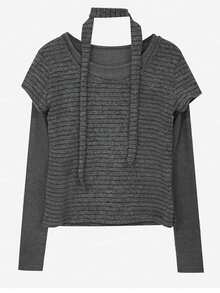 Women's Patchwork Striped 2 In 1 Long Sleeve Turtleneck Knit Base Layer Top, Korean Vintage Style - Grey - View 3