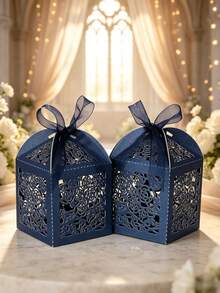 1/3/10/50pcs Laser Cut Gift Boxes With Ribbon And Tag, Wedding Favor Boxes, Party, Baby Shower, Bridal Shower Small Gift Packaging Boxes, Wedding Supplies, Guest Favors, Wedding Reception Decor (Deep Blue) - Navy Blue - View 2