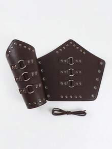 2PCS Medieval Vintage PU Leather Bracers For Men And Women, Rivet Metal Ring Decor Arm Guards Pair, Viking Renaissance Pirate LARP Role Play Wristbands, Halloween Cosplay Costume Accessories - A - View 3