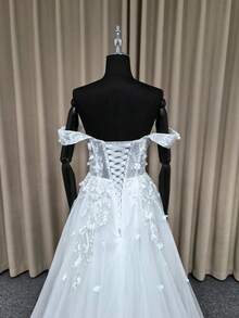 YOUKEFEIER 優雅露肩深V領蕾絲刺繡性感白色長款婚紗禮服，適合戶外與室內婚禮及宴會 - 白色 - 查看 6