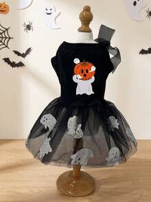 LUCKIE PAW 1pc Halloween Silver Ghost Pattern Pet Dress, Anti-Flea, Reduced Shedding, Heat-Insulating, Breathable, Suitable For Small And Large Dogs And Cats, Indoor And Outdoor - Multicolor - View 1