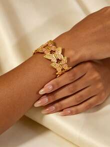 VceTd 1pc Gentle Style Colorful Enamel Butterfly Design Stainless Steel Open Cuff Bracelet For Women, Suitable For Weddings, Travel, Or As A Valentine's Day Gift For Loved Ones - Yellow Gold - View 4