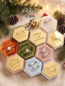 1pc Customized Hexagonal Velvet Ring Box, Dual Slot Gold Mirror Acrylic Ring Box, Personalized Name Engagement Proposal Gift, Wedding Anniversary Gift - Multicolor - View 1
