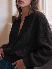 女款黑色馬海毛針織開襟衫 法式鏤空純色寬鬆百搭款 - 黑色 - 查看 6