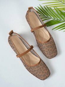 Square Toe Mesh Leopard Print Women's Flat Shoes, Fashionable Comfortable Breathable Mary Jane Ballet Flats, Daily Commute Slip-On Loafers, Summer Mesh Shoes - Leopard Print - View 2