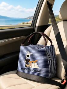Cute Dog & "Dog Grooming" Striped Lunch Bag, Handbag, Striped Design, Multi-Functional Storage Bag, Lightweight Travel Handbag, Exquisite Gift - Multicolor - View 3