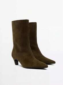 Plus Size Minimalist Women's Pointed Toe Curved Heel Mid-Calf Boots, Slip-On Solid Color Straight Leg Fashion Shoes, Suitable For Commuting, Office, Street, Dating, Autumn/Winter - Khaki Green - View 5