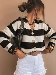 SEREN Fashion Women's Colorblock Striped V-Neck Long Sleeve Knit Cardigan, Heart-Shaped Button Design, Suitable For Autumn/Winter Wear - Dark Coffee - View 4