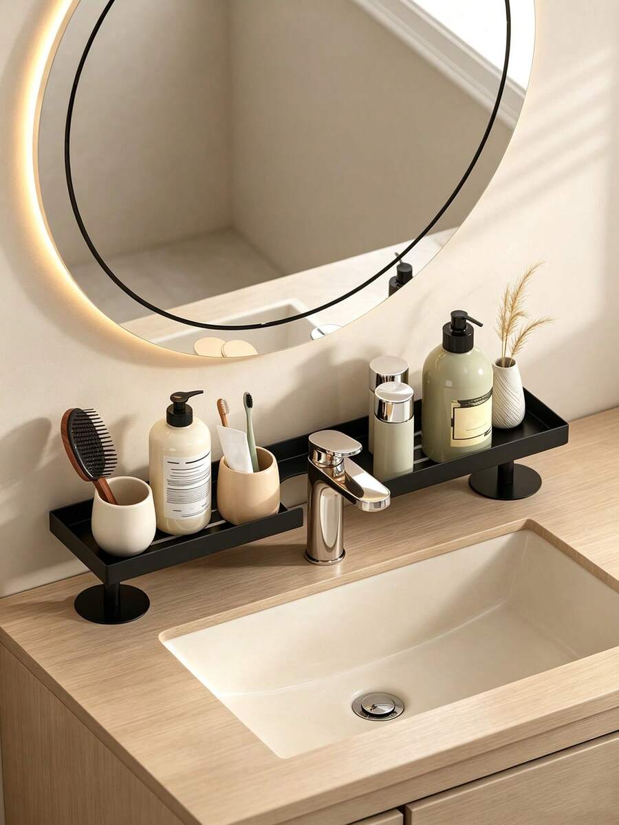 Bathroom Sink Storage Rack, Modern Minimalist Washbasin Organizer, Suitable For Toiletries And Skincare Products, Strong Load-Bearing Capacity, Hollow Design, Suitable For Kitchen Sink And Bathroom Sink - Black - View 1