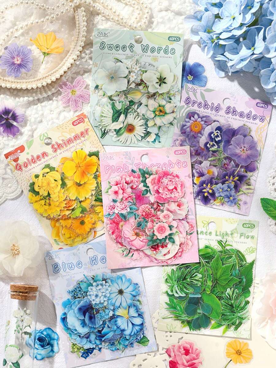 60pcs/Set Spring Floral Series Stickers, Includes Various Floral Stickers, Suitable For DIY Notebook Creation, Floral Decoration And Decorative Stickers. Applicable Materials Include Glass, Notebooks, Etc., Used For Making Decorative Stickers.