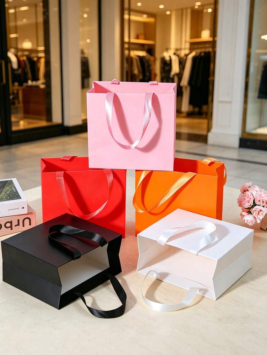 5/1pc Mixed Size Pink Gift Packaging Bags, Large/Medium/Small, Thickened Kraft Paper, Pink Shopping Bags With Handles, Suitable For Bulk Purchase, Retail Packaging, Commercial Use, Handmade, Grocery Store, Boutique, Party Favors And Wedding Occasions - Pink - View 1
