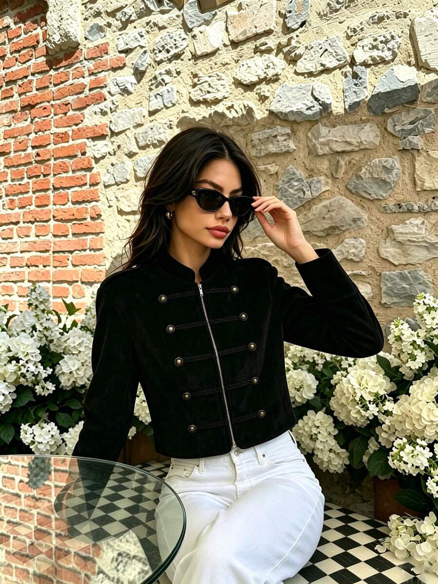 Seelio Autumn New Women's Jacket, European And American Style, Fashionable Minimalist Versatile Suede Texture Effect - Black - View 1