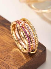 Intertwined Three‑Band Stackable Ring, Colorful Zirconia 18K Gold‑Plated Interlocking Stacking Rings, Elegant Jewelry For Women For Party And Daily Wear - Multicolor - View 7