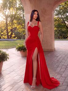 ADYCE Elegant Thick Strap High Waist High Slit Boning Waist Backless Lace-Up Floor Length Maxi Dress Red Wedding Party Fall - Red - View 8