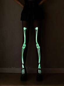 Halloween Multiple Styles Glow-In-The-Dark Polka Dot Skeleton Leggings, Glow-In-The-Dark Black Tights, Halloween Party Cosplay Full Leg Stockings - Black - View 5