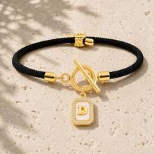 Initial Charm Black Rope Gold Plated Letter Bracelets For Women Men Toggle Closure Cubic Zirconia Tag - Yellow Gold - View 19