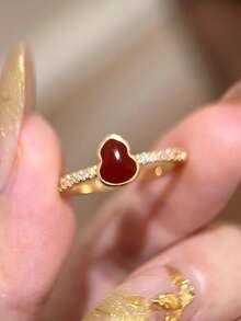 1pc Minimalist Fashion Red Oil Drop Gourd Four-Leaf Flower Open Ring, Luxury High-End Stackable Versatile Index Finger Ring For Women, New Year - Multicolor - View 5