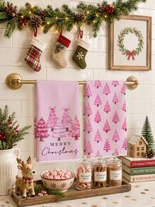 2pcs Pink Bow Christmas Tree Merry Christmas Text Kitchen Towels, 40*60cm Soft Microfiber Material Tea Towels, Suitable For Home Kitchen Restaurant Outdoor Camping Tabletop Cleaning Dish Cloth Hand Towel Accessories, Cute Christmas Theme Kitchen Towels Holiday Gift - Multicolor - View 2