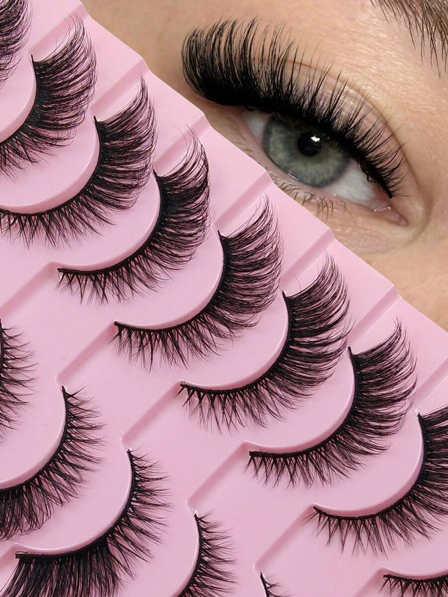 10 Pairs Fox Eye & Cat Eye False Eyelashes, Flared Ends Elongate Eyes, Fluffy Soft Natural Long Faux Mink Lashes Sexy Makeup Effect - Black - View 1