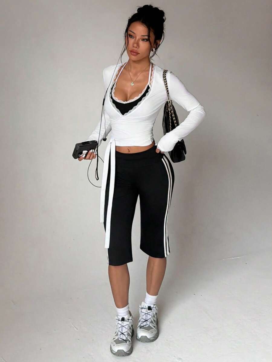 Women 2 In 1 Lace Halter Wrap Long Sleeve Top,Tummy Crop Slim Fit Shirt,For Spring Summer,Athleisure,Gym Street Daily Wear - Black - View 1
