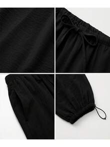 Women's Summer New Cuffed Pants With Elastic Waist And Drawstring, Loose Drape Casual Trousers, Lightweight Breathable Slouchy Long Pants - Black - View 5