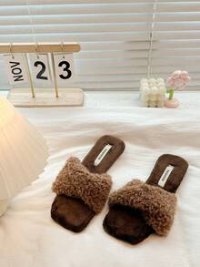 Women's Flat Slippers, Elegant Style, Autumn Fluffy Slippers, Weekend Vacation, Home Slippers, Christmas Gift, Winter Shoes - Brown - View 2