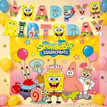 SpongeBob SquarePants Cartoon Sponge Square Sponge Theme Birthday Banner Backdrop Decoration Set, Birthday Party Decoration Arrangement - Multicolor - View 1