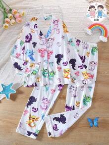 2pcs Colorful Cartoon Hexagon Dinosaur Print Lapel Long Pants Pajamas, Flame Retardant Fabric, All Season Wear, Girls, Toddlers, Big Tween Girl, Teens - Multicolor - View 1