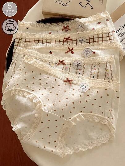8-Pack Cute Japanese-Style Checkered, Polka Dot, And Floral Lace Trim Sweet Women's Panties, Soft Girl
