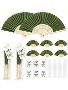 2/3/15/30pcs Elegant Green Wedding Folding Fan Set, Includes Tags And Gift Bags, Bride Bamboo Handheld Folding Fan, Suitable As Bridesmaid Gift And Wedding Decoration, Also Applicable For Party Events, Perfect Summer Accessory - Multicolor - View 1