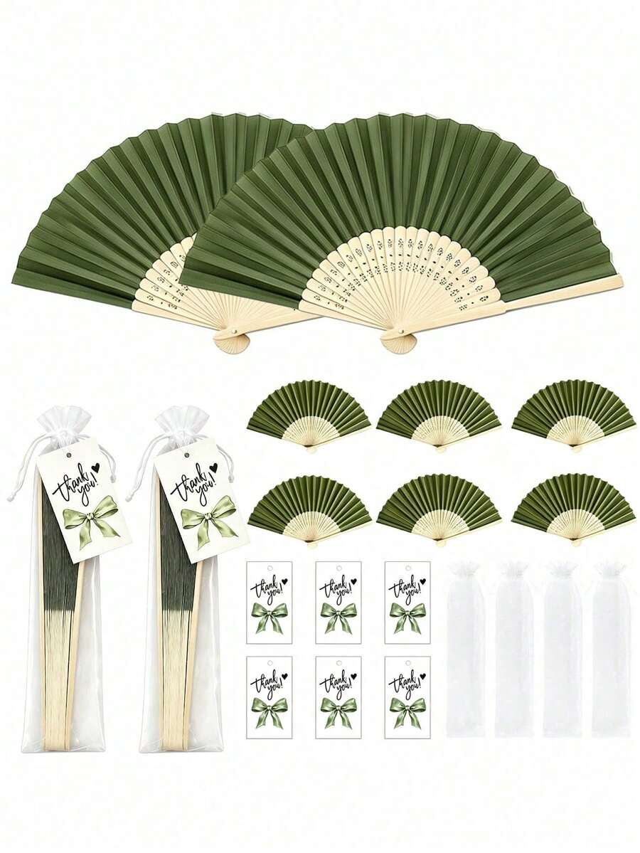 2/3/15/30pcs Elegant Green Wedding Folding Fan Set, Includes Tags And Gift Bags, Bride Bamboo Handheld Folding Fan, Suitable As Bridesmaid Gift And Wedding Decoration, Also Applicable For Party Events, Perfect Summer Accessory - Multicolor - View 1