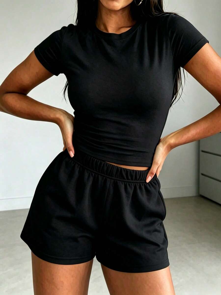 2pcs Women's Solid Color Round Neck Short Sleeve Top & Shorts Casual Set - Black - View 1
