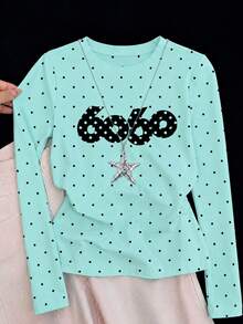 Niche Polka Dot Design Short Cropped Shoulder T-Shirt For Women, Autumn Round Neck Slim Fit Long Sleeve Y2K Top - Mint Green - View 2