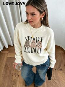 Women's Beige Autumn/Winter Casual Sweater, Multi-Texture Ghost Pattern Round Neck Print, Loose Knit Top Suitable For Halloween Parties And Daily - Beige - View 5
