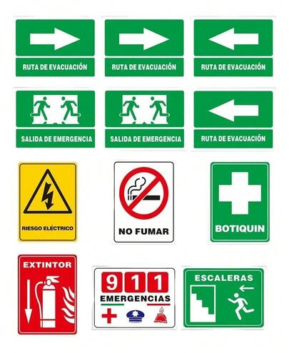 Civil Protection Signage And 12-Piece Signage Set, ABS Sheet With Self-Adhesive Backing, Does Not Deform Easily, Universal Stickers Including Fire Emergency Signs And Evacuation Arrow Signs, Suitable For Clearing And Closing Office Entrances