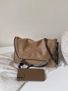 Women Envelope Crossbody Bag Solid Color Suede Fabric Rivet Trim Chain Strap Pendant Decor Medium Capacity Chic Style For Women Party Daily Use - Khaki - View 7