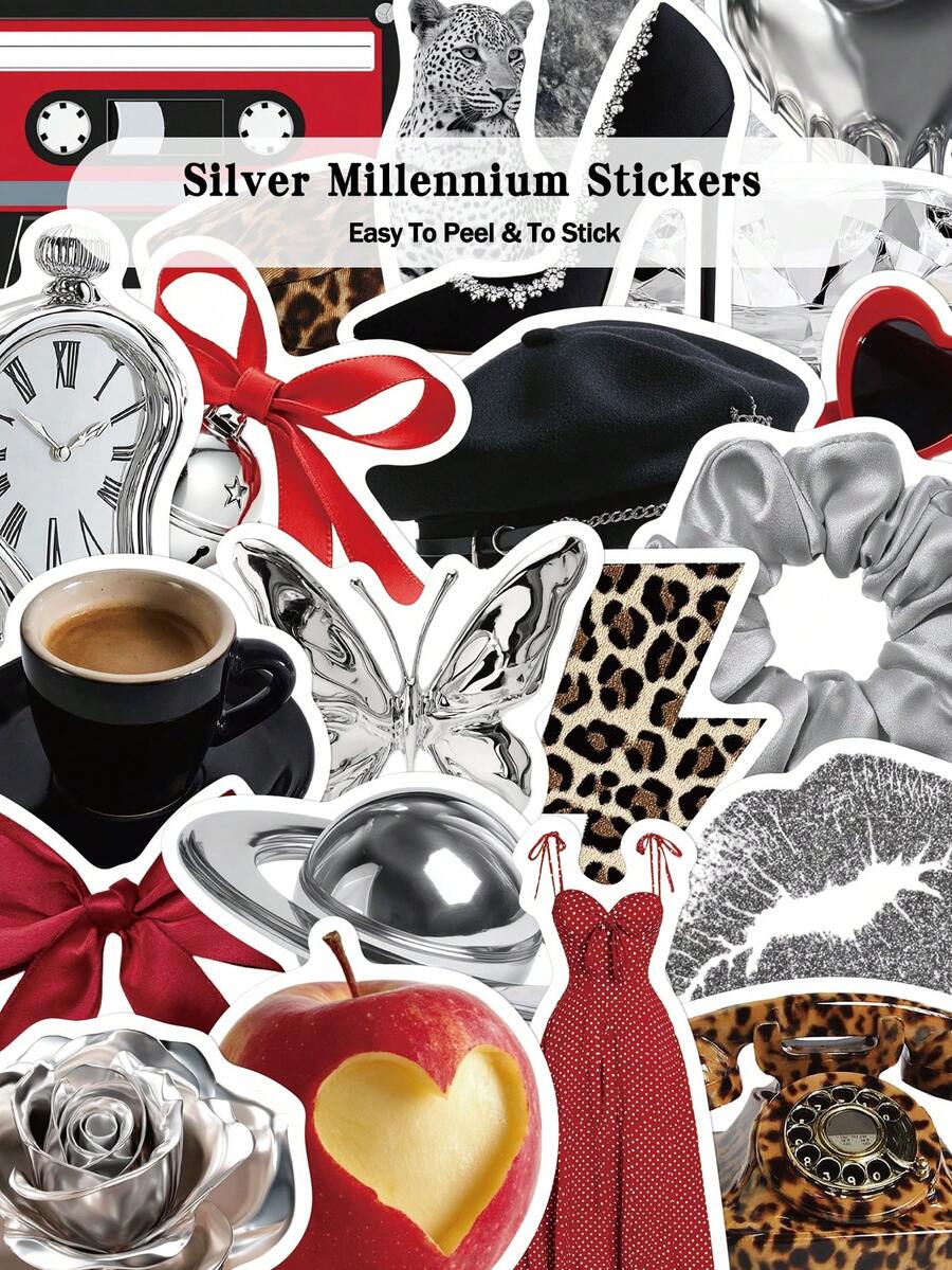 50pcs Silver Millennium Stickers For Adults Teens Sticker Enthusiasts Scrapbooking Journaling Laptops Skateboards More, Add A Fun Touch To Your Devices! - A - View 1