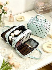 Tas Kosmetik Polkadot Tas Kosmetik Genggam Portabel Kapasitas Besar Tiga Lapisan Tahan Air Tas Kosmetik Genggam Multi Kompartemen - MultiWarna - View 6