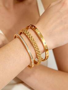 BORASI 1 pieza/3 piezas Pulsera de clavo de acero inoxidable chapada en oro de 18K de moda, adecuada para el uso diario de las mujeres, estilo clásico popular europeo y americano con diseño geométrico de cadena de reloj con strass, joyería elegante personalizada de lujo casual brillante, conjunto de joyería, para niñas, mujeres, mamás, parientes, amigos, hermosos regalos de boda, cumpleaños, Día de San Valentín, Día de la Madre. - Dorado - Ver 1
