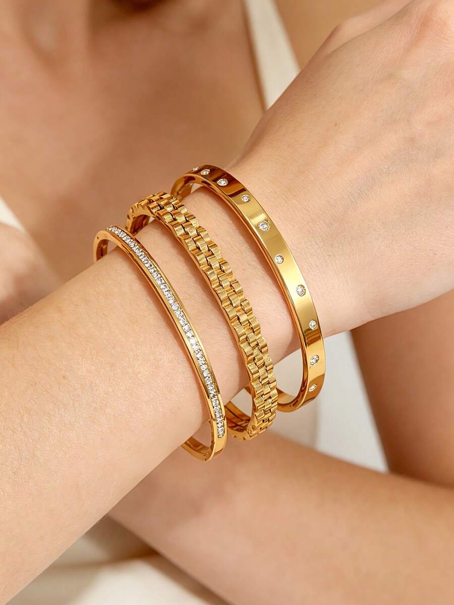 BORASI 1 pieza/3 piezas Pulsera de clavo de acero inoxidable chapada en oro de 18K de moda, adecuada para el uso diario de las mujeres, estilo clásico popular europeo y americano con diseño geométrico de cadena de reloj con strass, joyería elegante personalizada de lujo casual brillante, conjunto de joyería, para niñas, mujeres, mamás, parientes, amigos, hermosos regalos de boda, cumpleaños, Día de San Valentín, Día de la Madre. - Dorado - Ver 1