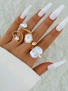 4pcs/Set Minimalist Fashion Alloy Asymmetric Baroque Resin Faux Pearl Multi-Combination Ring Set, Suitable For Women's Daily Commute, Date Outfits, Jewelry Gift - 31066-ring-g-eP - View 2