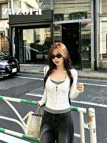 Korean Style Autumn 2 In 1 Striped Patchwork U-Neck Drawstring Long Sleeve Slim Fit Regular Base Layer Top - White - View 4