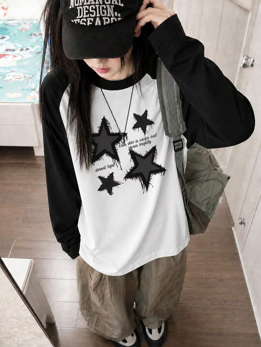Women's Loose Casual Versatile Printed Raglan Sleeve Contrast Color Cartoon Print Long Sleeve T-Shirt Spring