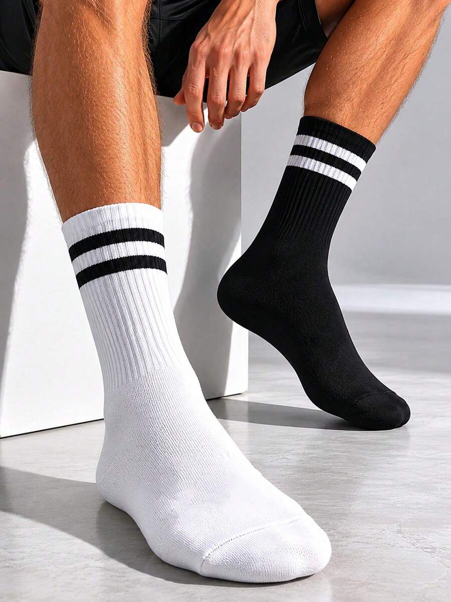 1/3/6/10 Pairs Black And White Striped Sports Socks, Football Socks, Basketball Socks, Running Socks, Unisex - Multicolor - View 1