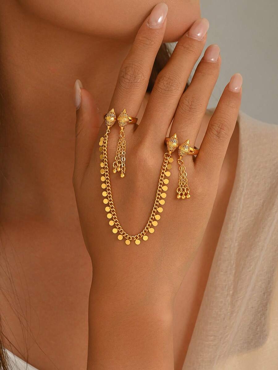 1pc Exotic Copper Chain Round Disc Sequin Tassel Open Finger Ring, Women's Holiday Celebration Evening Party Gift Jewelry - Gold - View 1