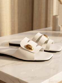 French Minimalist PU Cross Design Flat Slide Sandals, Casual Soft Sole Versatile Vacation Beach Flat Slippers - White - View 3