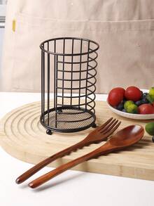 1pc Black Iron Draining Storage Rack, 6 Styles Available (Round/Square/Diamond), Kitchen Chopstick Holder Makeup Brush Bucket, Household Drill-Free Multi-Function Desktop Organizer Basket, Kitchen Utensils / Makeup Tools Universal Draining Storage Cylinder, Square Storage Box With Non-Slip Feet - View 9