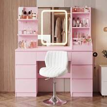 Devoko Vanity Table With LED Mirror & Power Outlet, Dressing Table With 7 Drawers, Hair Dryer Holder & Jewelry Hooks, White/Black/Pink - Pink - View 15